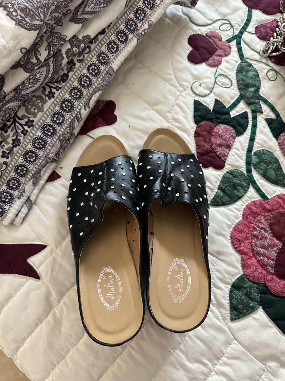 Italina Black Studded Slide Mules